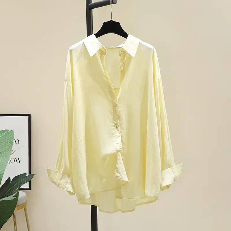 Women's White Oversized Sheer Shirt Long Sleeve Button-Down Casual Blouse with Curved Hem