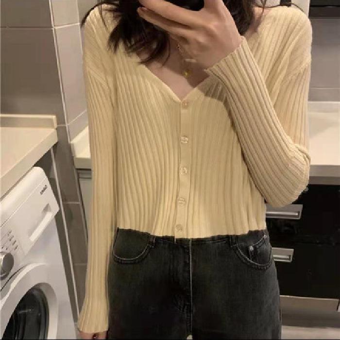 Autumn/Spring Korean Style Slimming V-Neck Ribbed Knit Cardigan Long Sleeve Top for Women Students