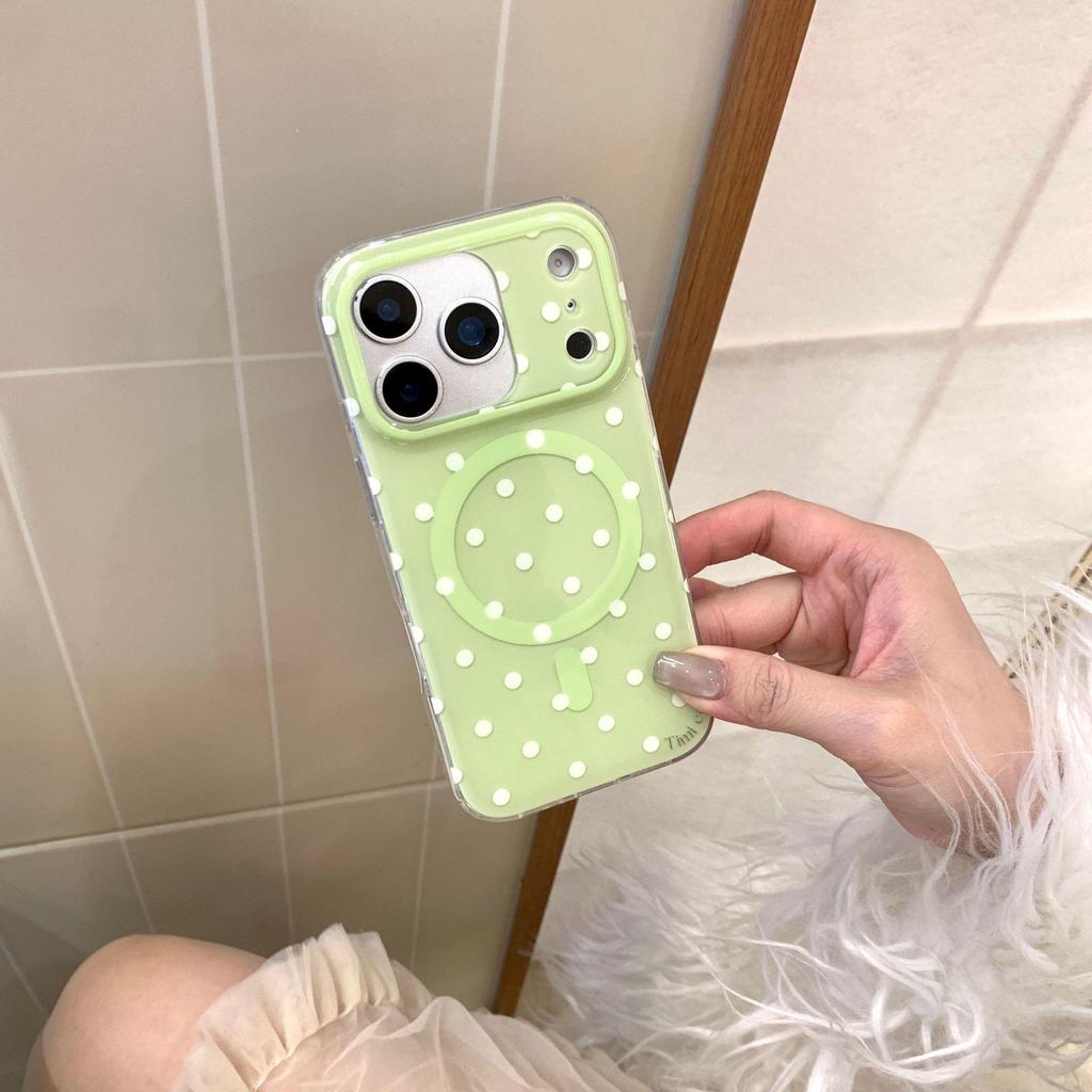 Korean Style Polka Dot iPhone Case, Compatible with 13, 14, 15 Pro & 17 Pro, Full Coverage, Magnetic, Matcha Green.