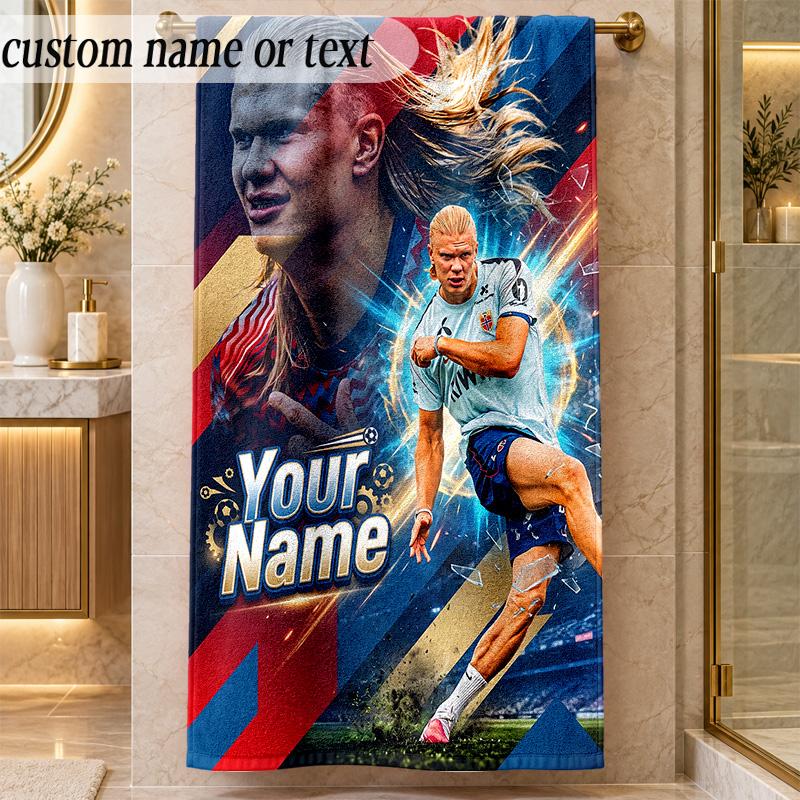Beach TowelErling Haaland Custom Name Text Personalized Soft Towel for Beach Pool Indoor Home Decor Gift