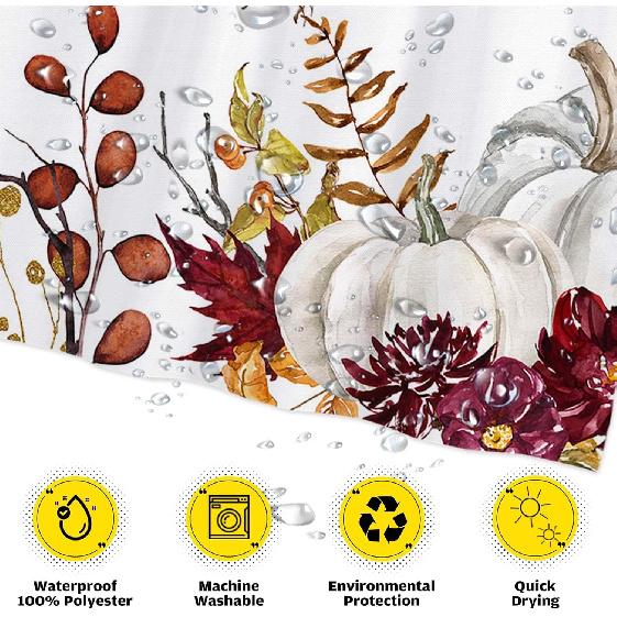 Funnytree 72"x72" Autumn Boho Pumpkins Watercolor Floral Leaves Rustic Fall Thanksgiving Harvest Farmhouse Shower Curtain for Bathroom Decor Machine