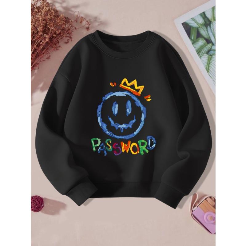 European sizes Kids Black joyful Face & Password Print Sweatshirt - Casual Winter Sweater with & joyful Eyes, Round Neck Pullover 110 чёрный