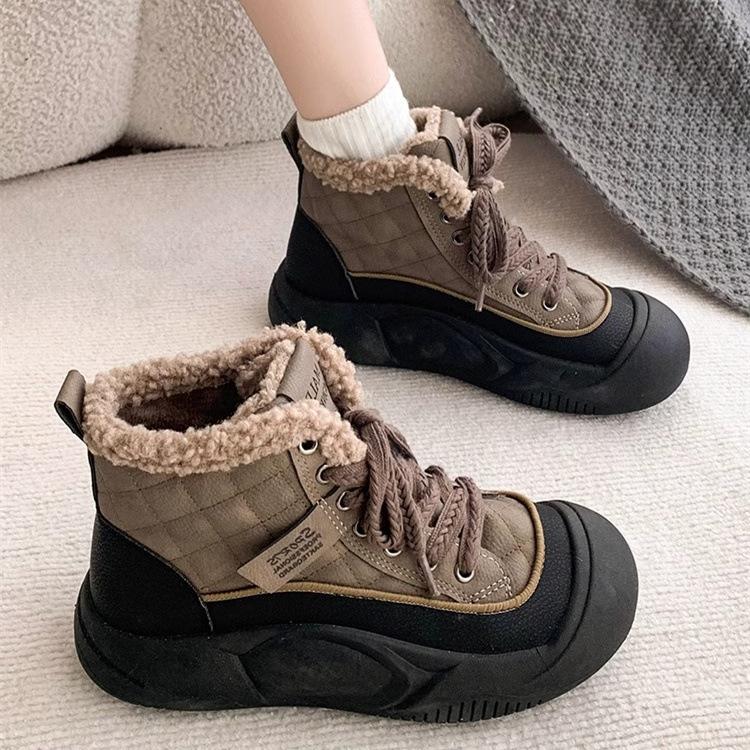 European station women's cotton shoes with velvet thermal short boots women's 2025 winter new popular cotton shoes lamb wool high-top shoes
