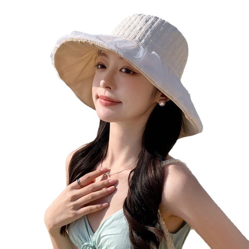 Summer new hat women's sunshade sunscreen bow bucket hat breathable mesh seaside beach sun hat