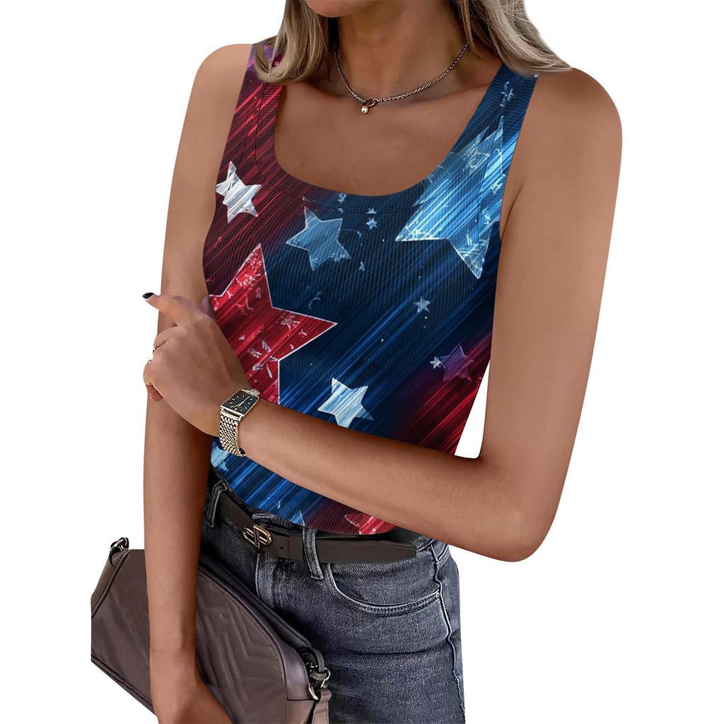 Women's Summer Fashionable Casual Independence Day Printed Round Neck Sleeveless Top Fitted Vest