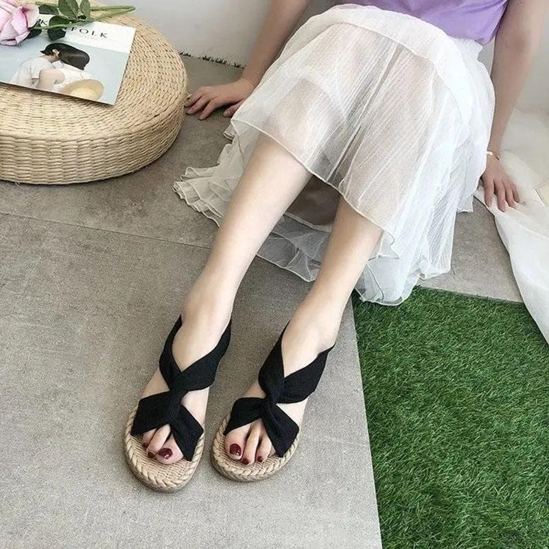 Women's Summer Flat-bottomed Sandals All-match Denim Cloth Cover Roman Shoes Korean Version Non-slip Wear-resistant Sandals Slippers