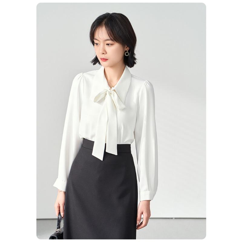 Spring and Autumn White Long Sleeve Chiffon Bow Shirt Women's Professional Formal Inner Top