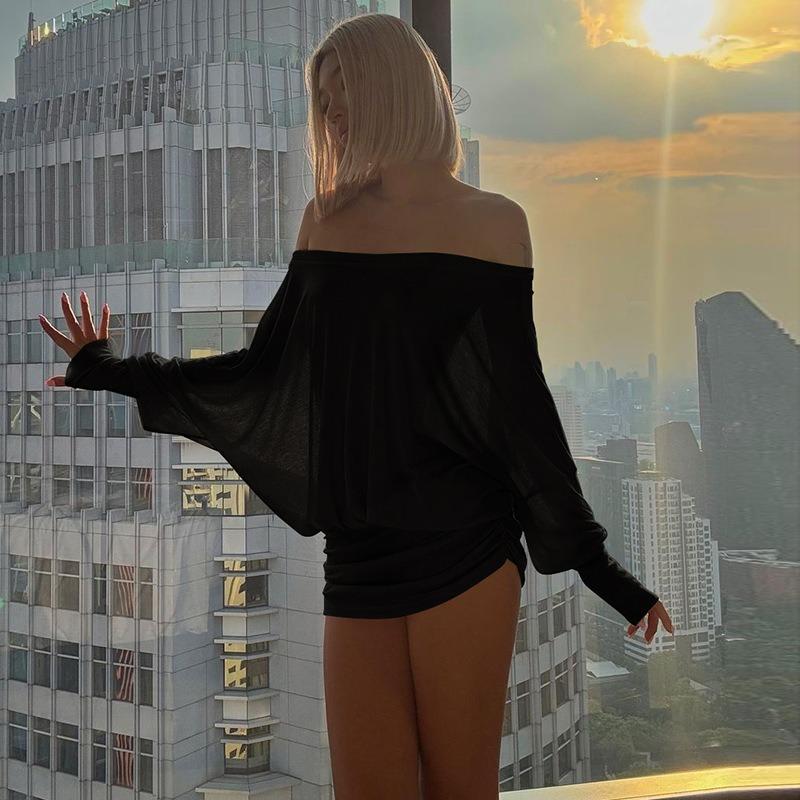 Women Solid Color Off Shoulder Batwing Sleeve Loose High Waist Bodycon Mini Dress