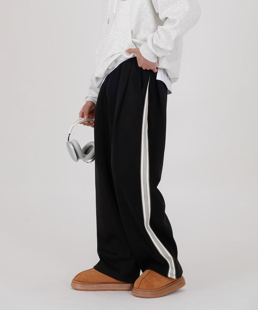 Opeumeideu [Fleece Lined] Side Pintuck Track Line Elastic Waist Sweatpants Wide Training Pants_Black