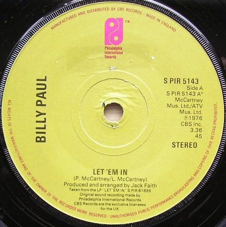 7inch Record BILLY PAUL - Let 'Em In SPIR5143 Philadelphia In 1977 UK Pop Used