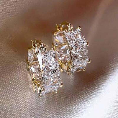 Princess Cut Crystal Stone Hoop Earrings Female Fashion Gold Color Accessories for Daily Wear Stylish Circle Loop Jewelry