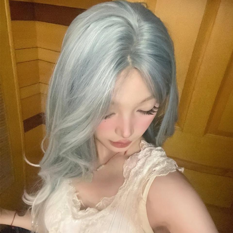 WTB Synthetic Wig Female Glacier Blue Gradient Light Gray Long Hair Lolita Hand-woven Lace Wool Long Curly Hair Cos Party Wig