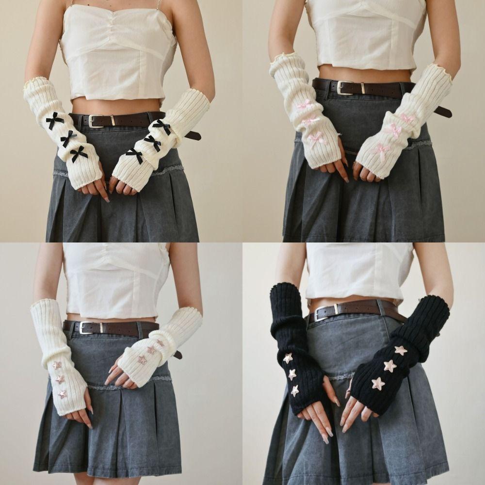 Bow Star Long Wrist Gloves Knitted Fingerless Gloves Trendy Warm Arm Sleeve  JK Accessories