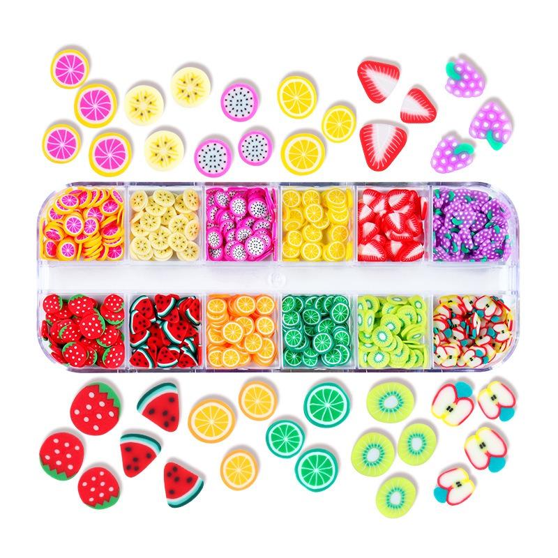 

1 коробка из 12 мини-квадратов Fruit Nails Fruit Pieces Charm Summer Decoration Polymer Clay Sheet Accessories DIY Gel Lemon Clubberry nails design supplies