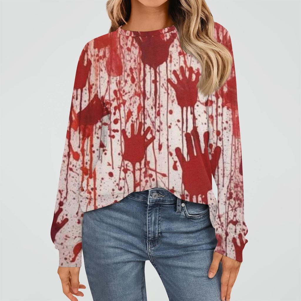 Damenmode Langarmshirts Locker sitzende Rundhalsausschnitt Basic Halloween Print Tops Lässige Outfits