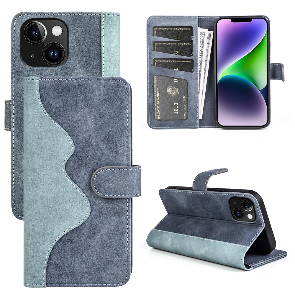 For iPhone 15 Dual-color Splicing Magnetic Clasp PU Leather Wallet Phone Cover Drop-proof Case