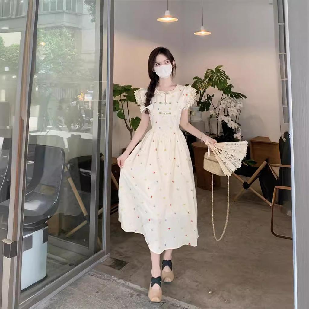 Gentle wind design sense niche French waist fairy embroidered floral dress spring and summer high-end lady dress