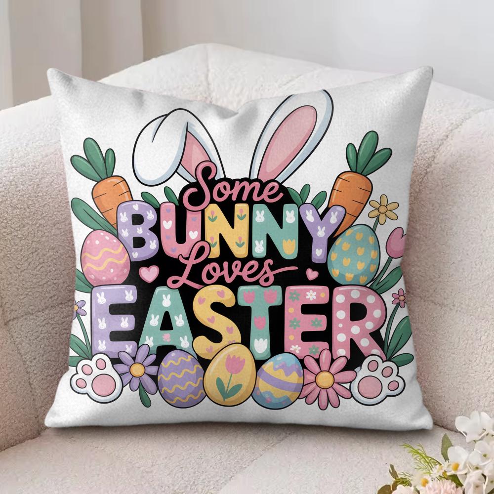 Happy Easter Cartoon Cute Cushion Cover Silky Short Plush Invisible Zipper Dustproof Sofa Pillow Case For Home Decor