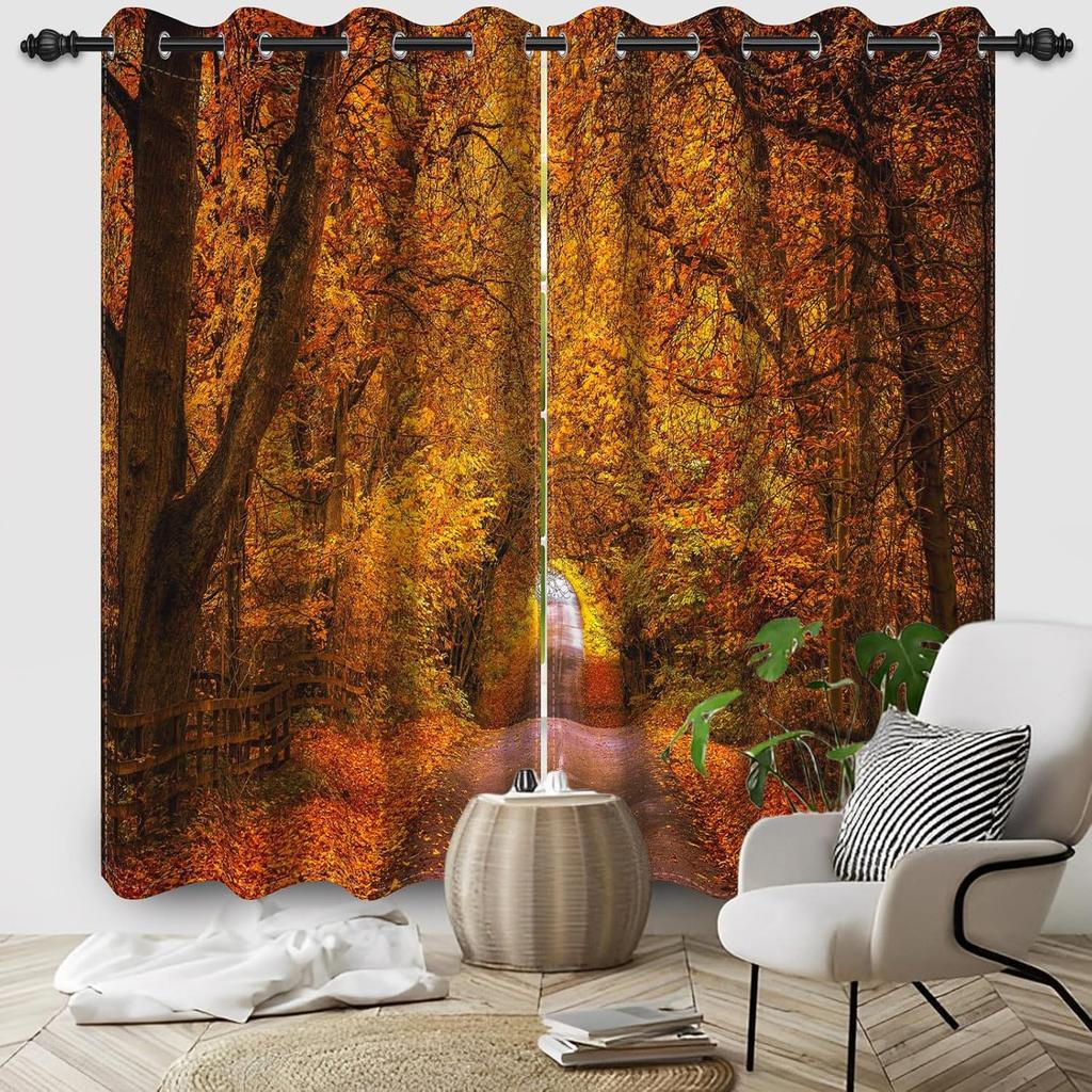 Orange Yellow Leaves Curtain Fall Scenery Forest Trees Window Drapes Panels Set Patio Office Living Room Curtains Light Blocking Polyester Great Decor