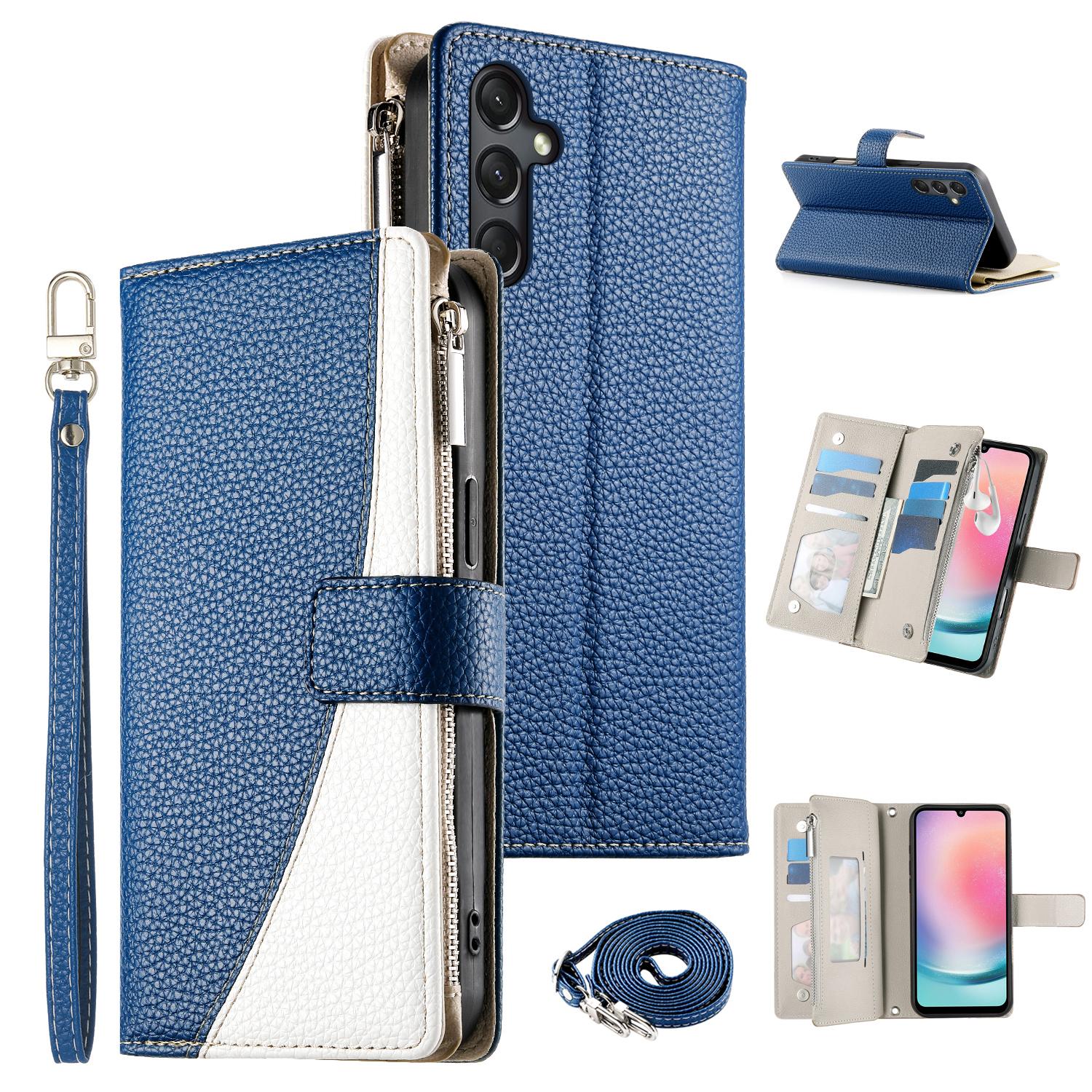 

For Samsung Galaxy A24 4G (162.1mm) Case Zipper Wallet Color Splicing Leather Flip Phone Cover with Straps Dark Blue