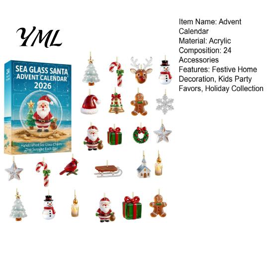 Christmas Party Favors Sea Glass Advent Calendar, 24-Day Acrylic 2D Ornament Set Calendar with Lanyards Santa Gingerbread Man, Tree Hanging