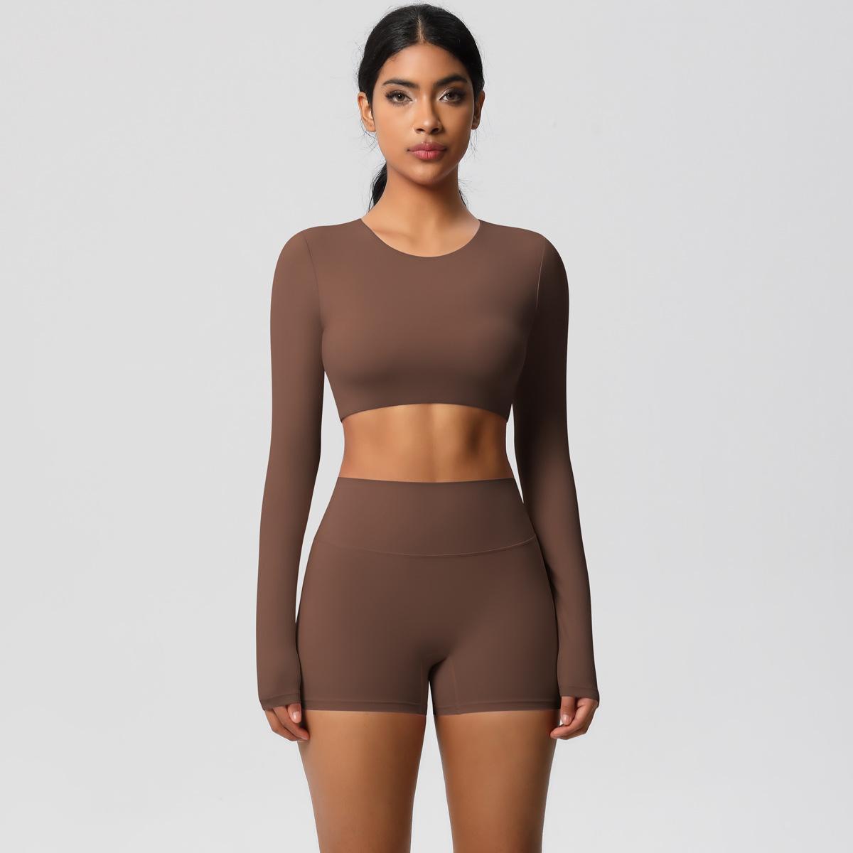 

Новый облегающий костюм для йоги с длинными рукавами и начесом, для упражнений пилатеса, шорты с эффектом подтяжки бедер, быстросохнущий костюм для бега и фитнеса из двух предметов для женщин S