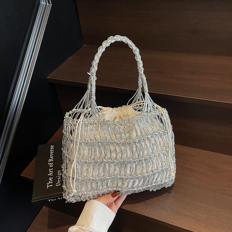 2025 summer new gold and silver thread bracelet hook hollow woven bag fashion trend vacation beach portable shoulder bag
