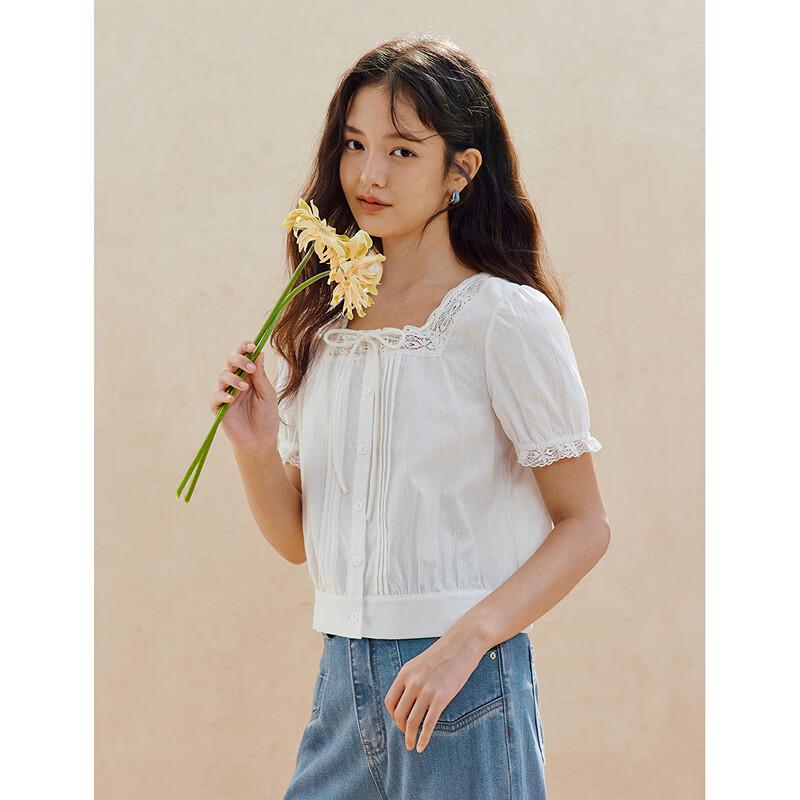 INMAN French Lace Tie-Neck Square Collar Cotton Shirt
