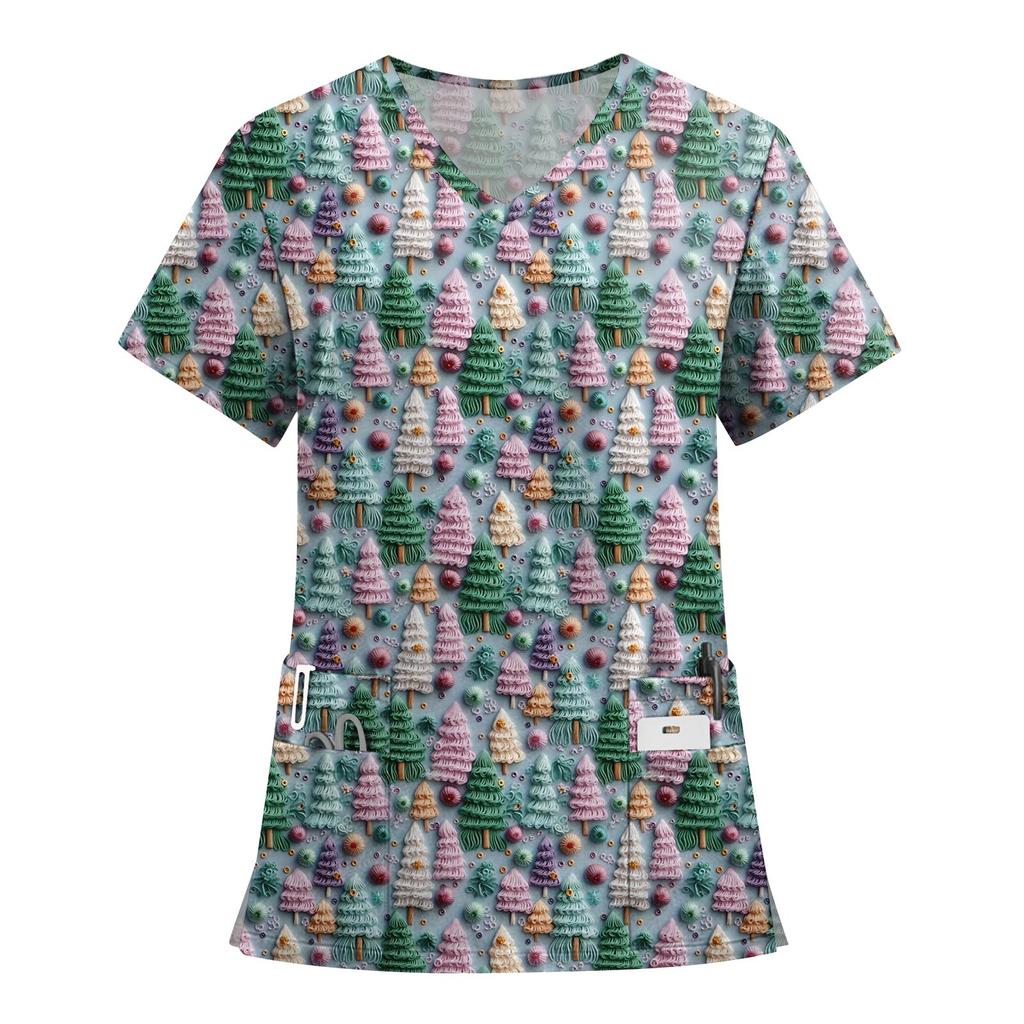 Women's Fashion Printed Short Sleeve V Neck Pattern Tops Pocket Working T-shirts
