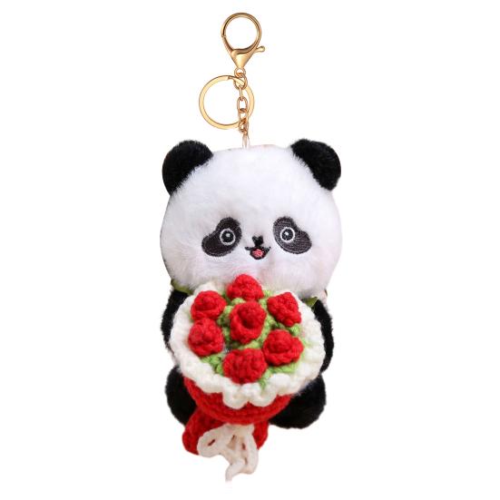 Panda Holding Flowers Keychain Cute Plush Stuffed Animal with Knitted Bouquet