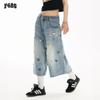 F426 Unisex Loose Retro Colorful Button Capri Jeans