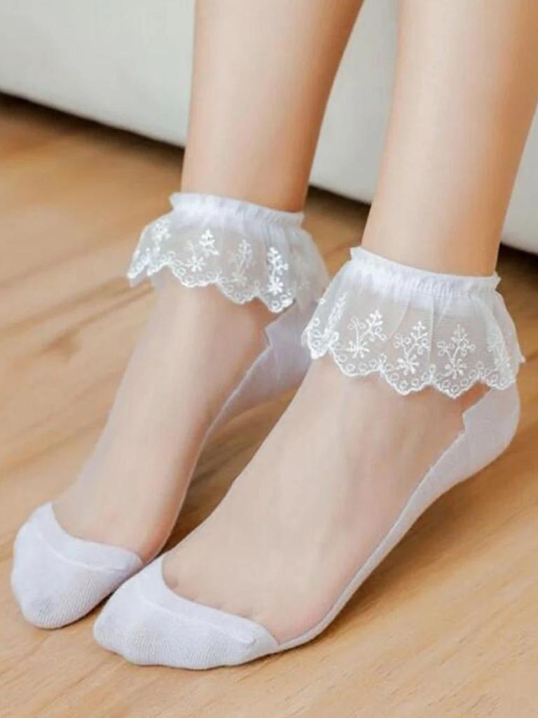 Women Lolita Transparent Mesh Crew Socks Sweet Ruffled Lace Trim Bowknot Cute Love Heart Pattern Anime Princess Hosiery