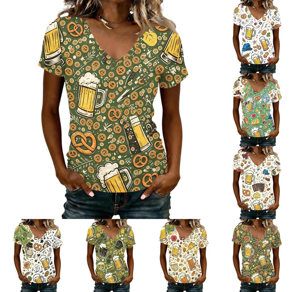 Women's Casual V Neck Short Sleeve T Shirt Oktoberfest Print Top Lightweight Comfortable Summer Tee