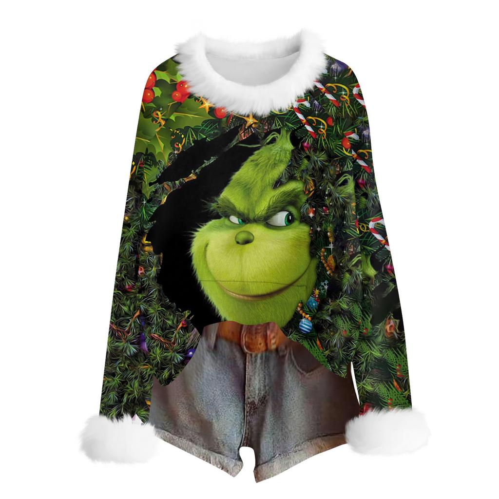 Women's Fashionable Christmas Printed Round Neck Long Sleeved Casual Pullover T-shirt Top