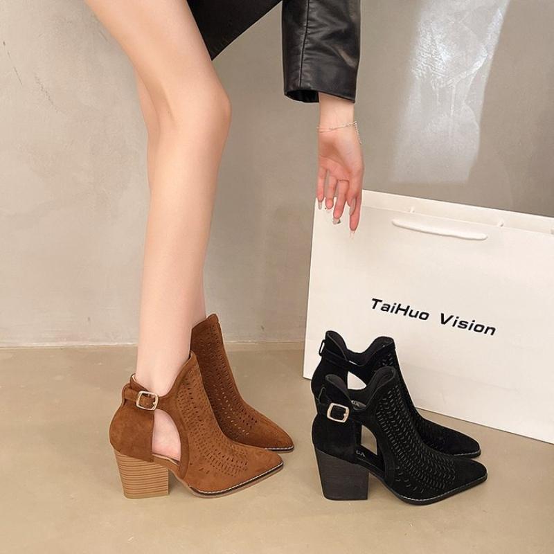 Women's retro hollowed out breathable Roman sandals summer pointed head large size thick heel high heeled sandals boots