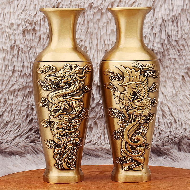 Brass Dragon and Phoenix Vases: Auspicious Home Decor Pair for Living Room, TV Cabinet, or Shop