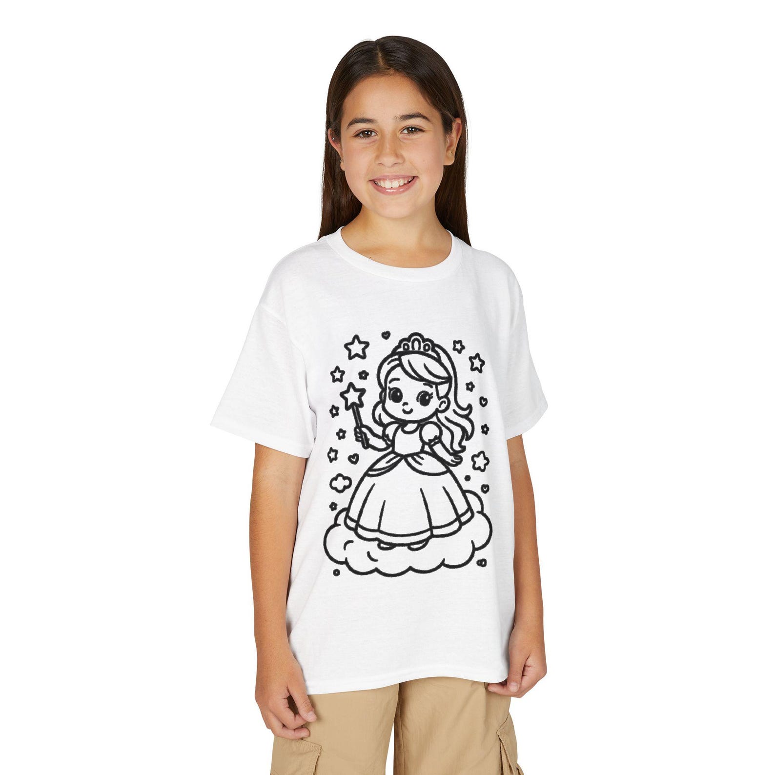Youth Princess T-Shirt | Hand-Drawn Fairy Tale Character, Stars Print 100
