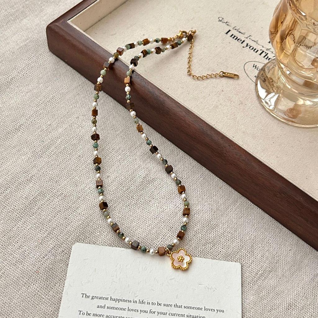 Vibrant Natural Stone Beaded Layered Necklace with Retro Pendant Choker Design for Women