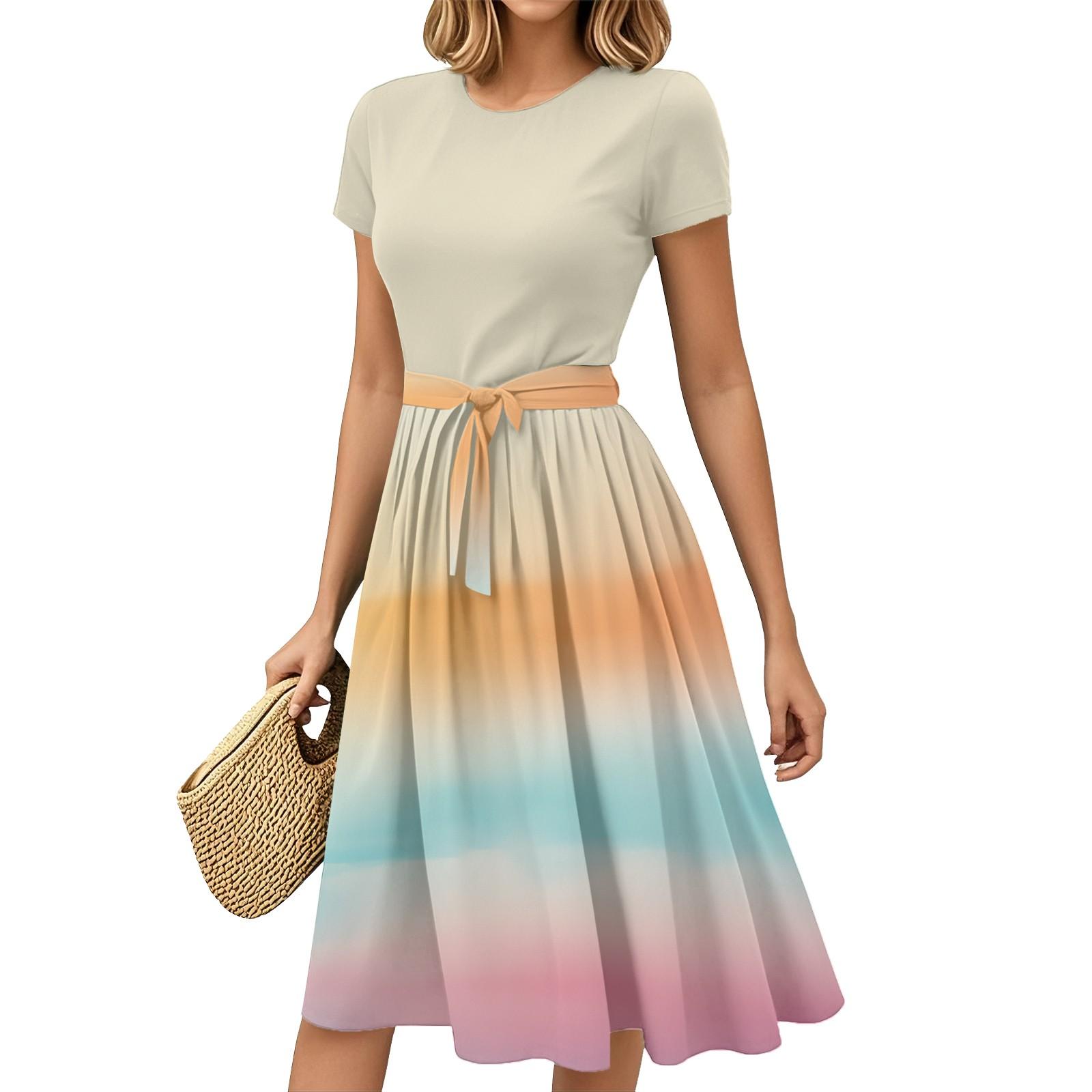 

Жіночі Модні Повсякденні Сукні з Поясом, з Коротким Рукавом, з Круглим Вирізом, з Геометричним Принтом, Комбіновані, Елегантні, Темпераментні L бежевий