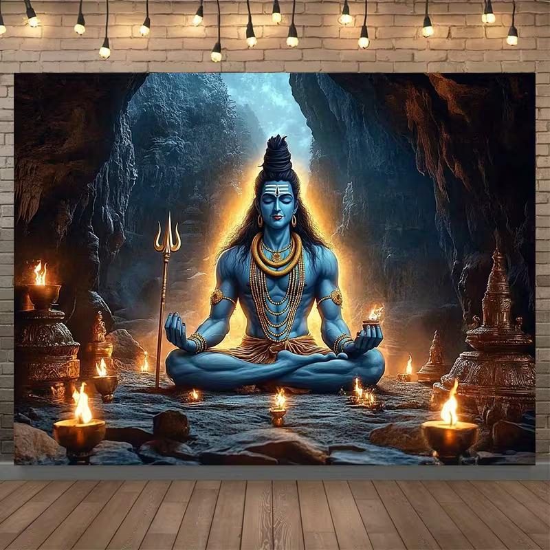 2D Flat Lord Shiva Cave Meditation Backdrop Hindu God Puja Photo Background 47.2x31.5inch/120*80cm