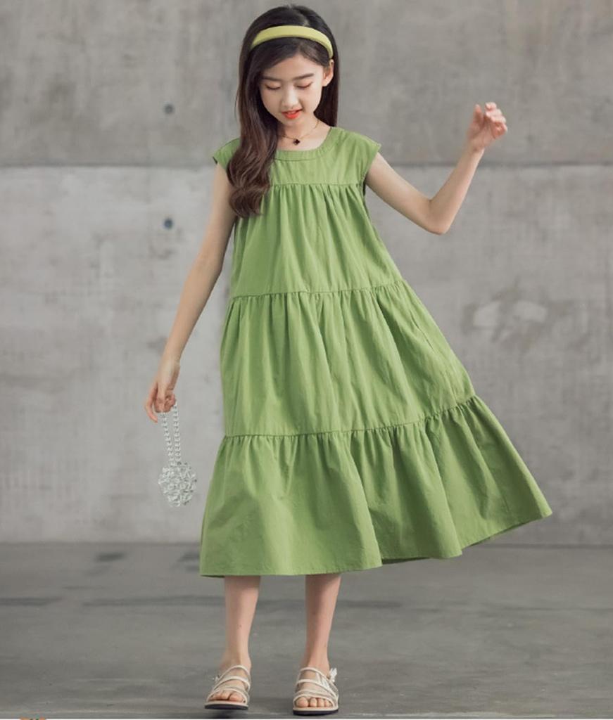 Yuwan Summer Sleeveless Long Maxi Dress with Tiered Summer Dress for Elementary School Stylish Korean Size 130 Kids' Dress, Dress, Girls' Skirt,