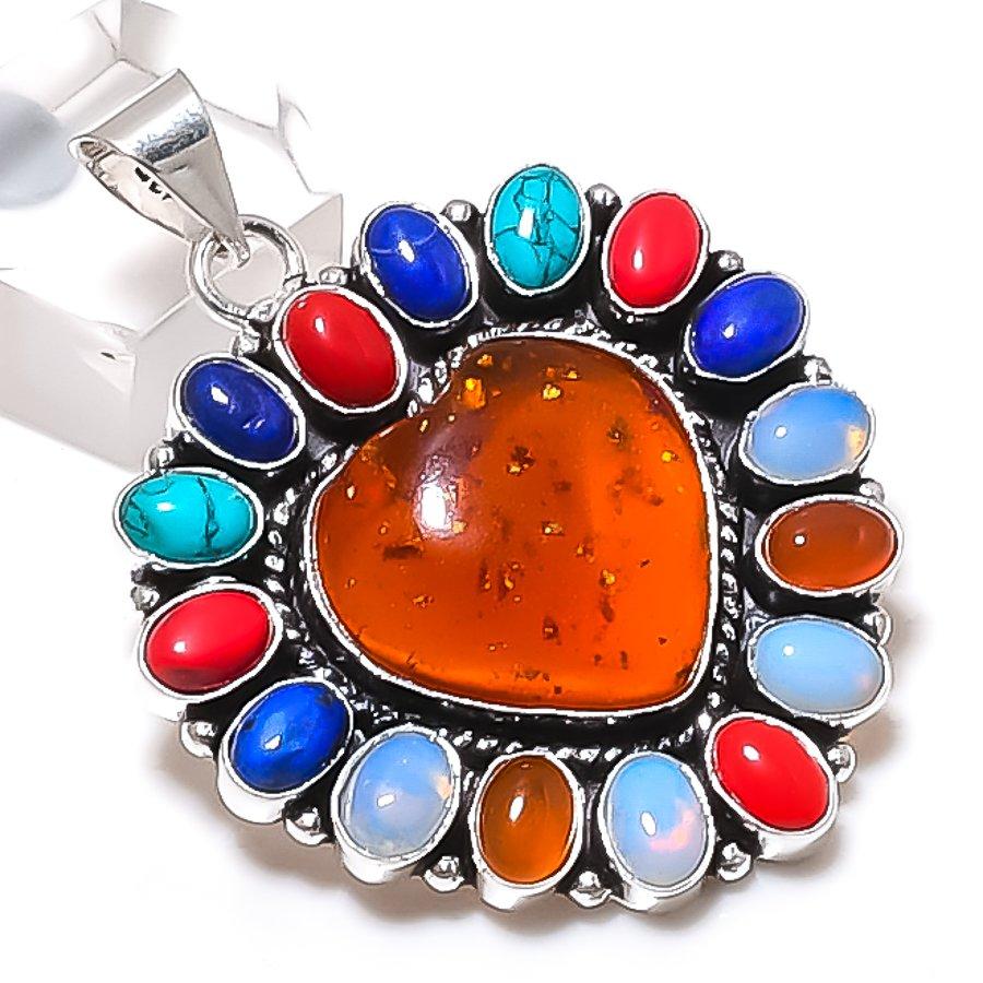 Natural Baltic Amber, Carnelian 925 Sterling Silver Jewelry Pendant 2.05" ETC-13809