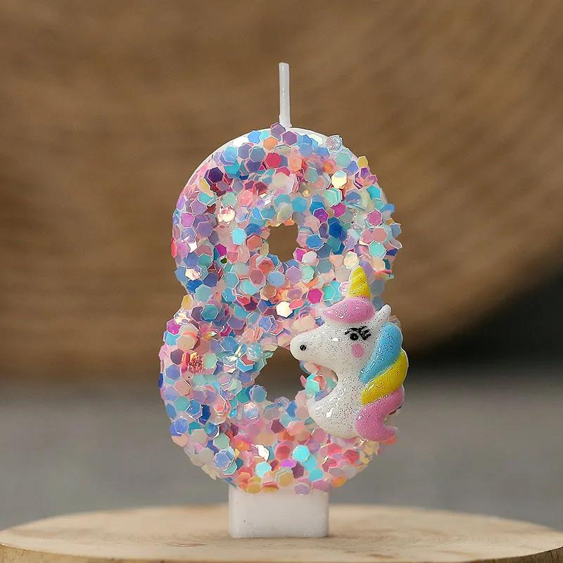 Gradient Pink Unicorn Happy Birthday Candles with 0-9 Number for Cake Decoration Children's Party Favors Cake Toppers DIY
