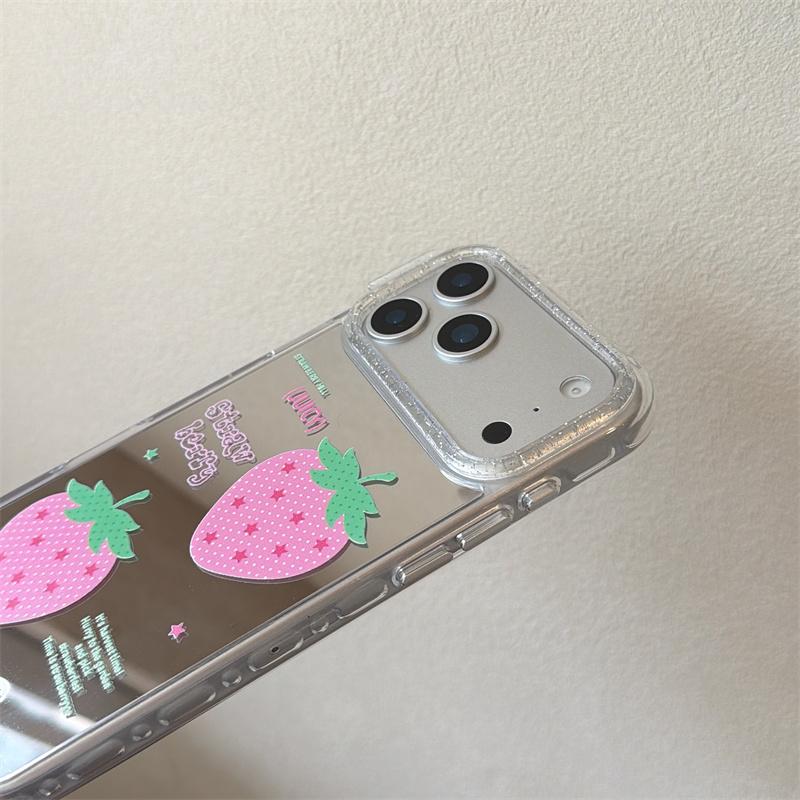 New 2026 Mirror Surface Pink Polka Dot Strawberry Phone Case For iPhone 17 Pro 16 15 14 17 Pro Max Shockproof Cover Girl