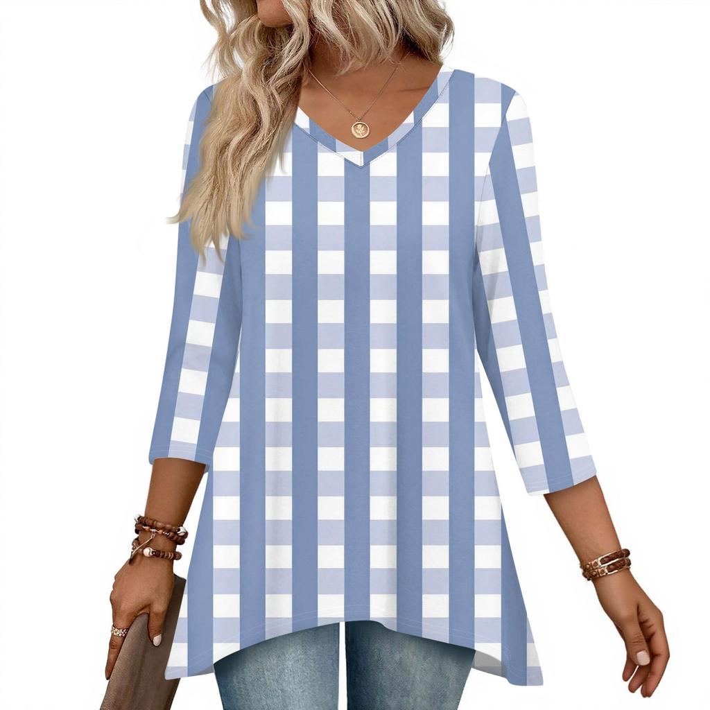 Dámské topy s výstřihem do V a 3/4 rukávem, ležérní košile střední délky, módní tuniky s potiskem