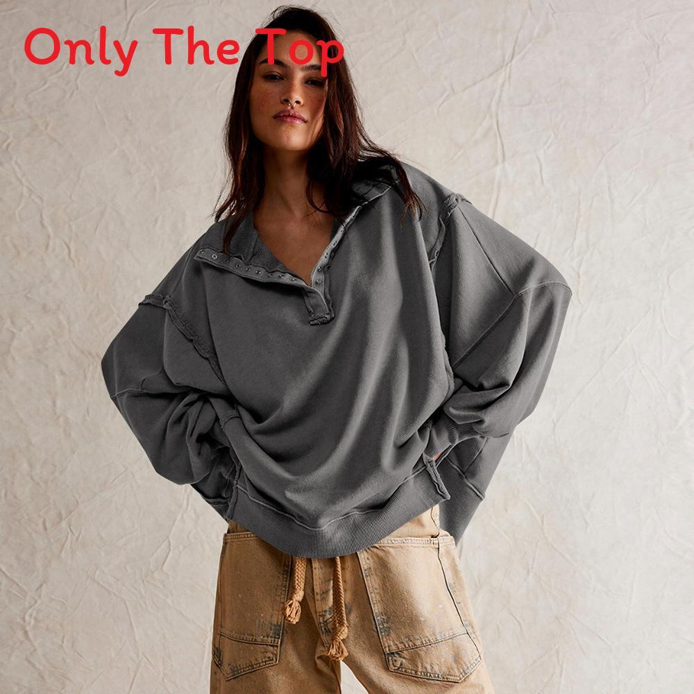 Streetwear Women Loose Fit Lantern Sleeve Hoodie With Button Details For Fall 2024