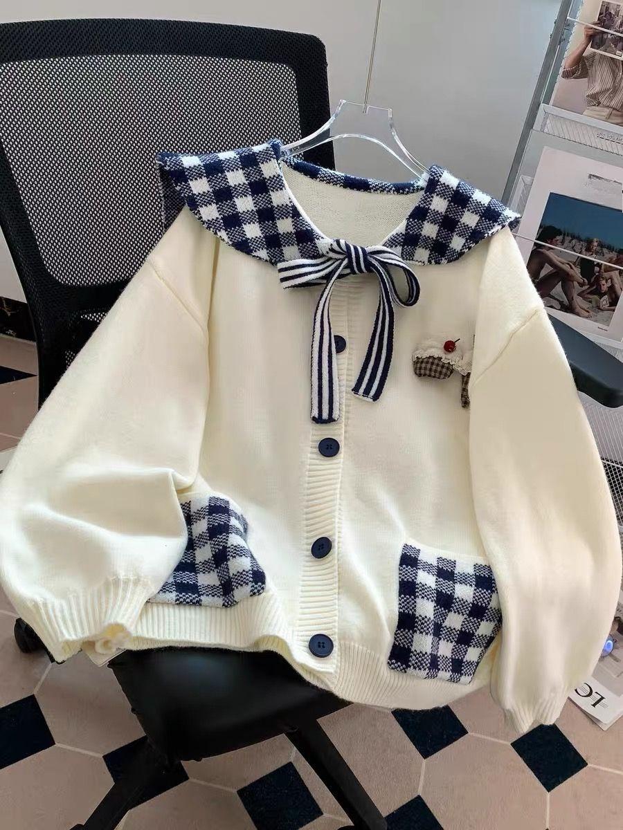 

Doll Collar Lace Up Women s Cardigan Long Sleeved Single Breasted Ladies Knitted Sweater Korean Loose Woman Casual Warm Top One size білий