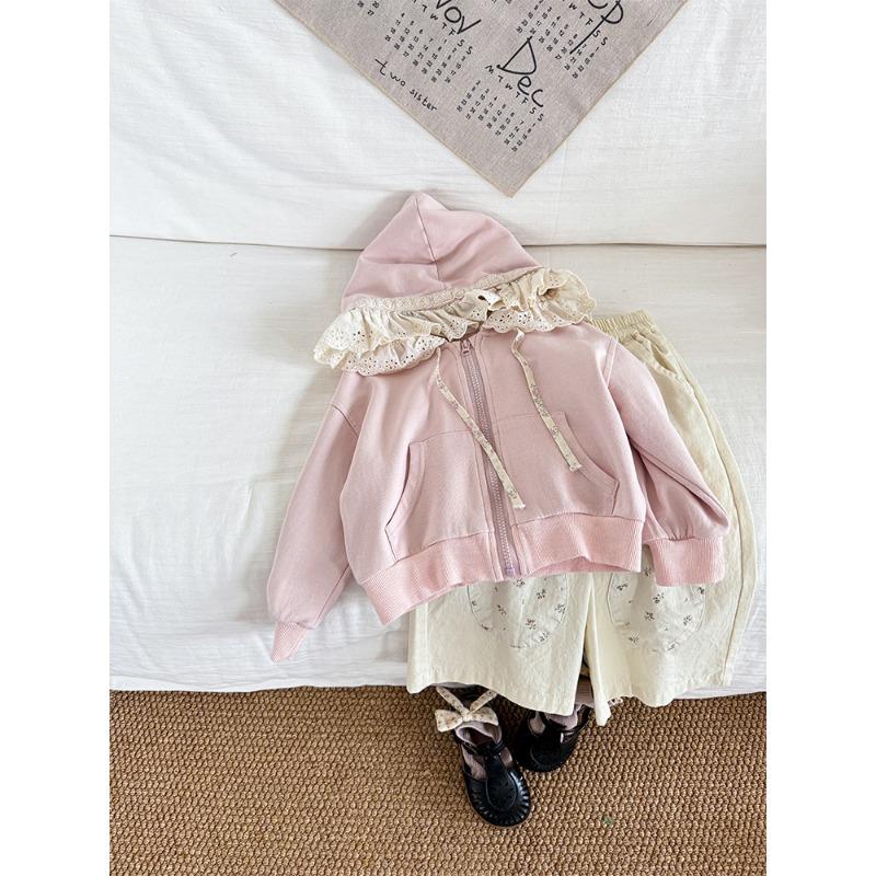 

Куртка в корейском стиле для девочек, новая детская осенняя пасторальная милая универсальная шапка с кружевным краем, свитер на молнии 90cm розовый