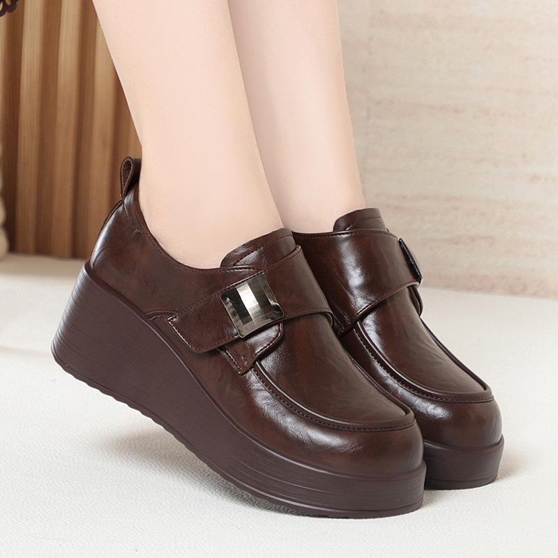 

Soft Bottom Leather Shoes Round Head Platform Wedge Heel Loafers Single Shoes Thick Sole Comfortable Shoes For Middle Aged Women 35
