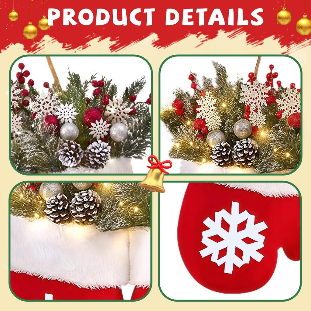 Twinkling Christmas Mitten Wreath Artificial Lights Garland Decorations LED Pre-Lit Berries Pine Branches Hanging Ornament